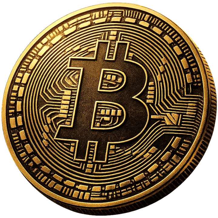 Gold Bitcoin coin engraved with circuit traces