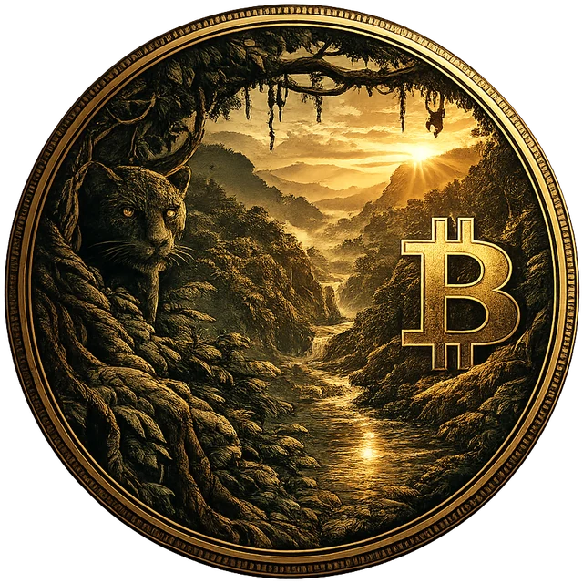 Jungle Mining emblem — a panther and Bitcoin symbol in a golden jungle canyon